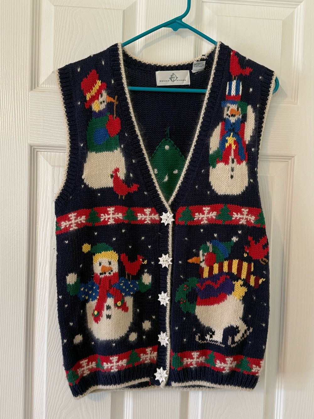 Vintage Design Options Navy Crewneck Christmas Sweater Vest with Cream Trim